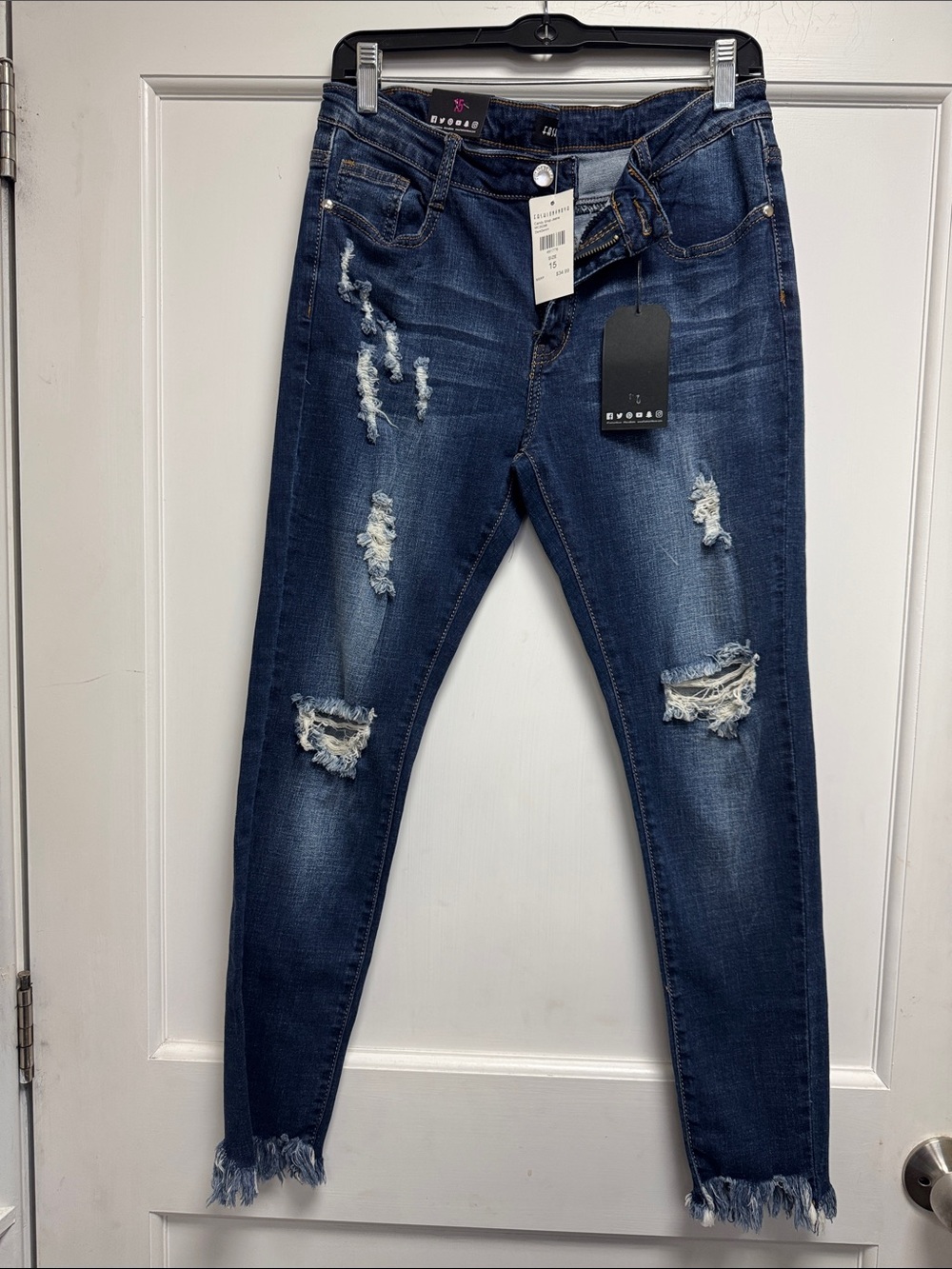 Fashion Nova Dark Blue Distressed Skinny Jeans
